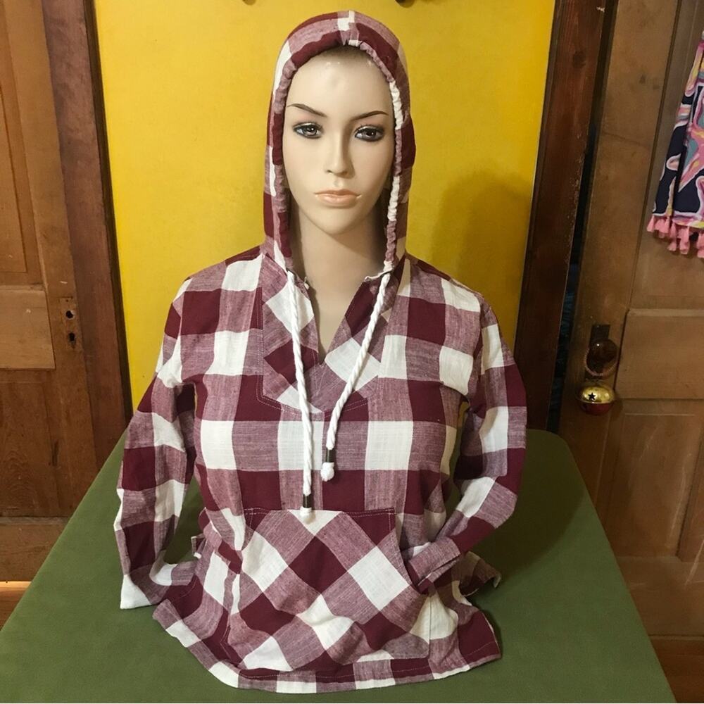 Entro Hoodie Burgundy Buffalo Plaid Long Sleeve Cotton T3248 S